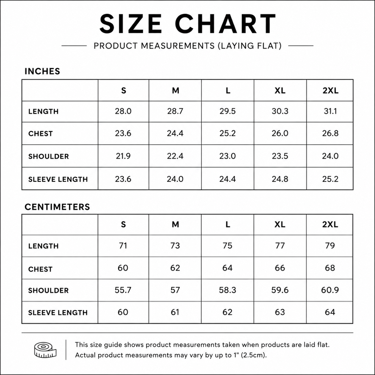 A size chart table showing product measurements in inches and centimeters for sizes S through XL, with columns for length, chest, shoulder, and sleeve length.