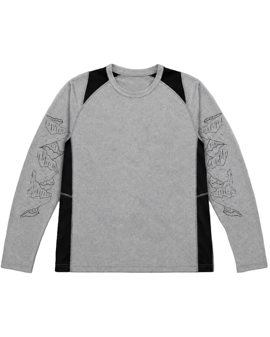 A heather gray long-sleeve athletic shirt with black raglan shoulder panels and black side panels on the sides. The sleeves feature black line-art illustrations of mountains.