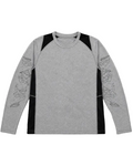 A heather gray long-sleeve athletic shirt with black raglan shoulder panels and black side panels on the sides. The sleeves feature black line-art illustrations of mountains.