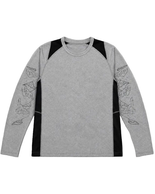 A heather gray long-sleeve athletic shirt with black raglan shoulder panels and black side panels on the sides. The sleeves feature black line-art illustrations of mountains.