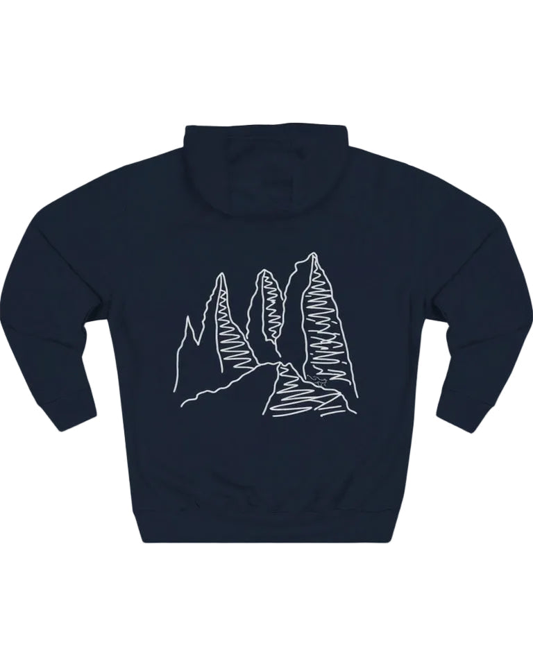Navy blue hoodie with white mountain design on a white background