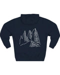 Navy blue hoodie with white mountain design on a white background