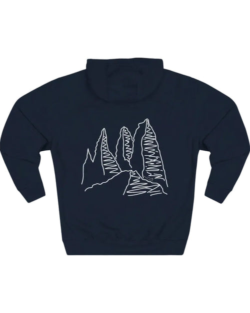 Navy blue hoodie with white mountain design on a white background