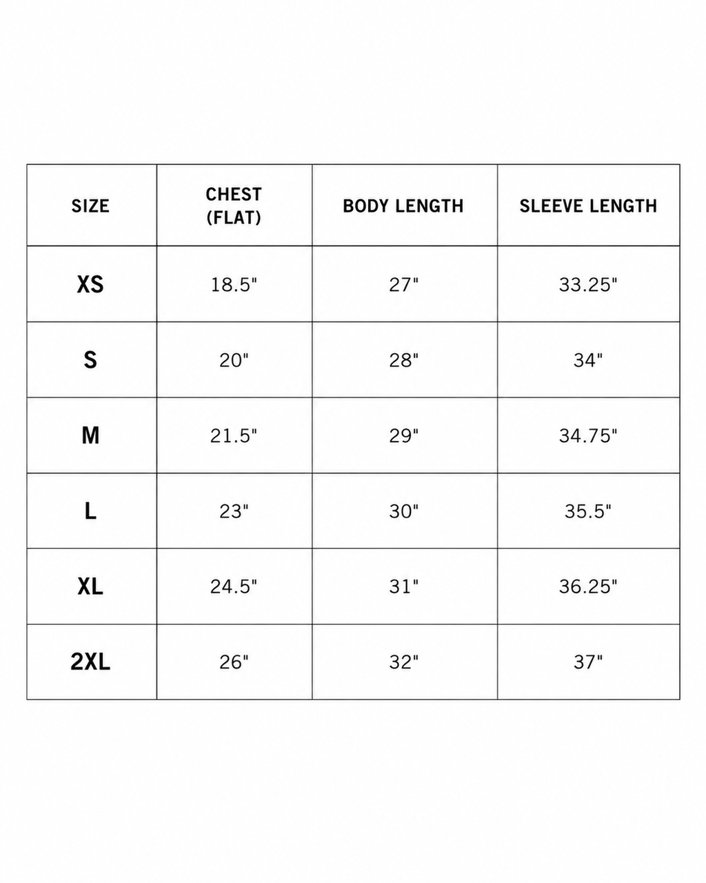 A size chart table showing measurements for sizes XS through 2XL, with columns for size, chest (flat), body length, and sleeve length in inches.