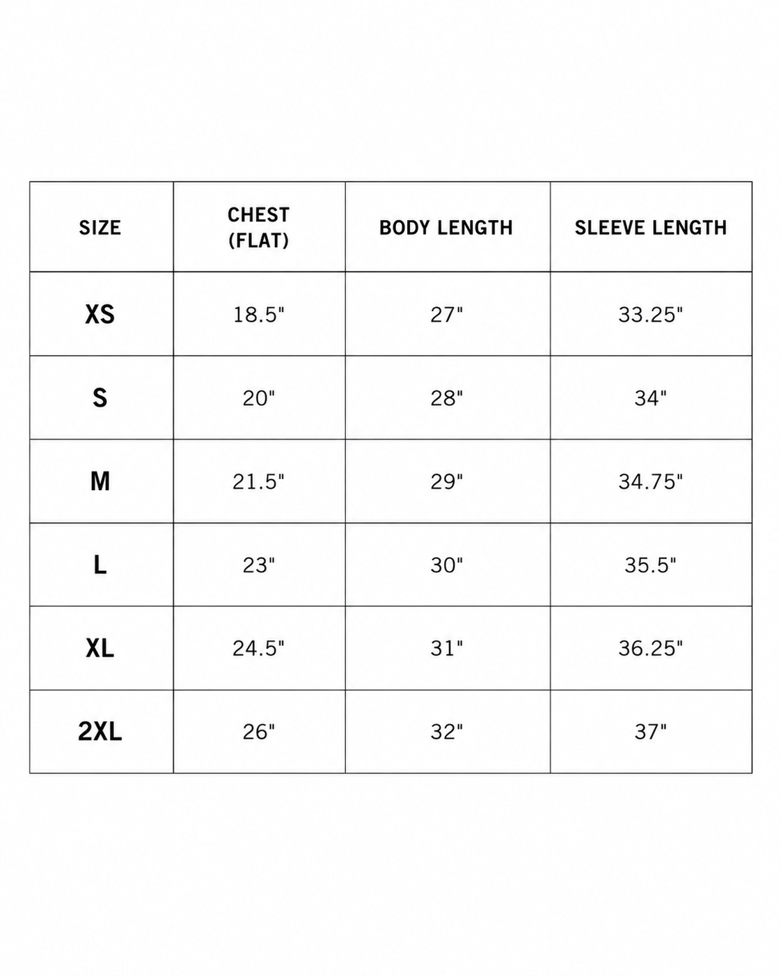 A size chart table showing measurements for sizes XS through 2XL, with columns for size, chest (flat), body length, and sleeve length in inches.